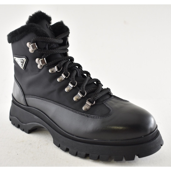Prada Brixxen 38 Black Shearling Leather Nylon Lug Sole Lace Up Hiking Boot 40.5 - Picture 6 of 16